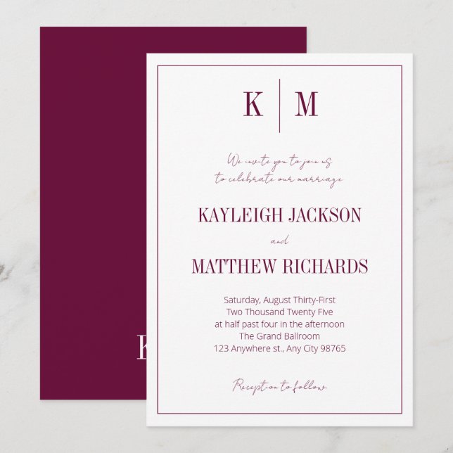 Convite Elegant Burgundy Monogram Wedding  (Frente/Verso)
