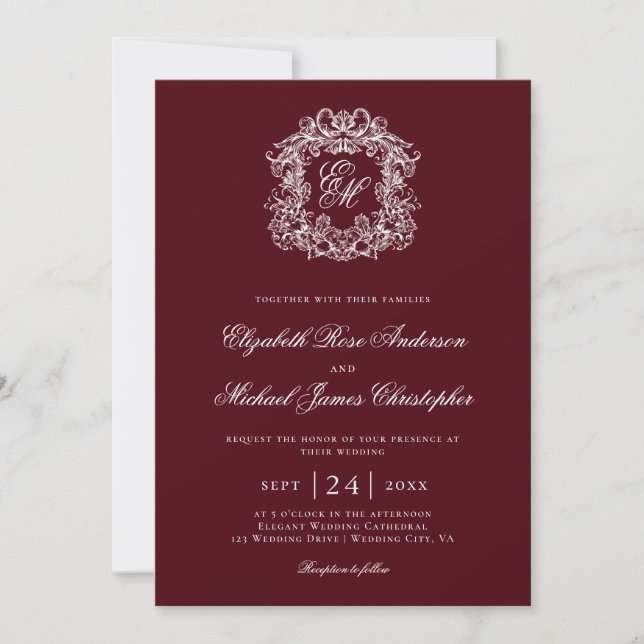 Convite Elegant Burgundy Monogram Wedding Crest (Frente)