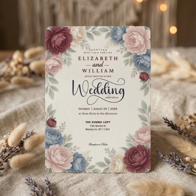 Convite Elegant Burgundy Peonies Roses  QR Code Wedding (Criador carregado)