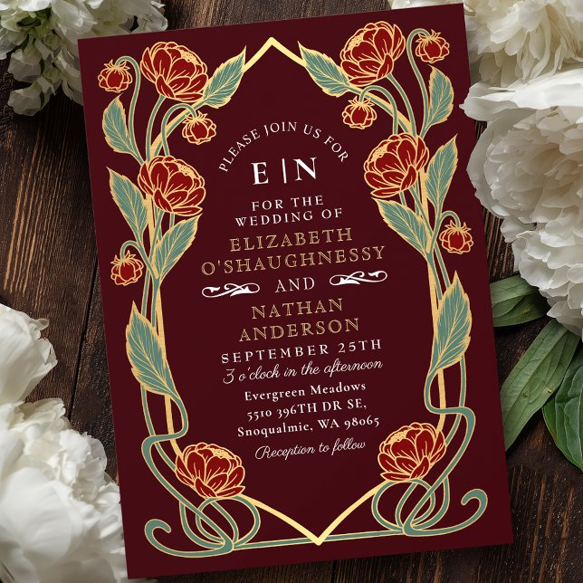 Convite Elegant Burgundy Peony Art Nouveau Floral Wedding (Criador carregado)