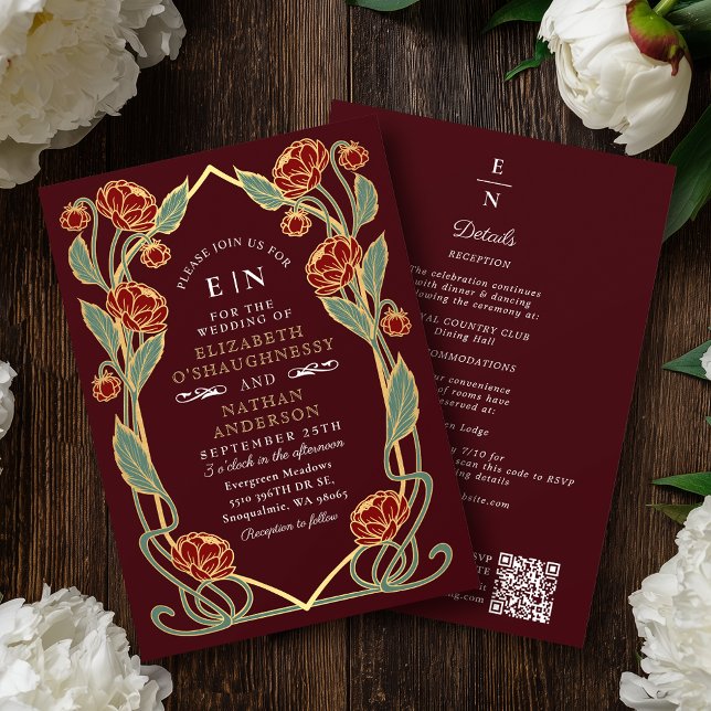 Convite Elegant Burgundy Peony Art Nouveau QR Code Wedding (Criador carregado)
