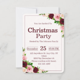 Convite Elegant Burgundy Pink Floral Christmas Party