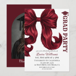 Convite Elegant Burgundy Red Bow Graduation Photo