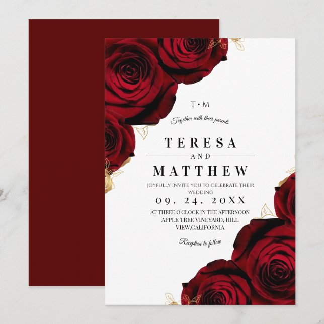 Convite Elegant Burgundy Red Roses Floral Wedding (Frente/Verso)