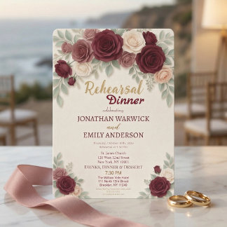 Convite Elegant Burgundy Rose Chic Rehearsal Dinner