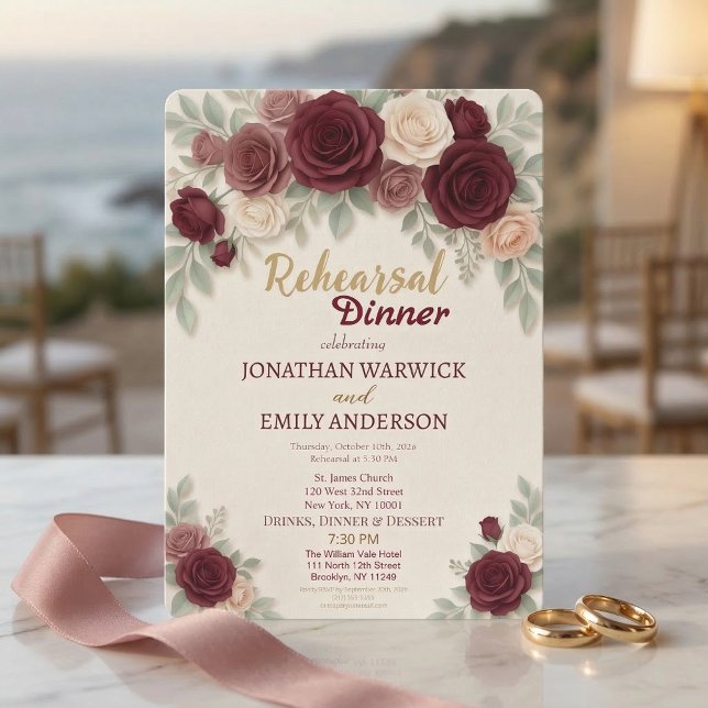 Convite Elegant Burgundy Rose Chic Rehearsal Dinner (Criador carregado)