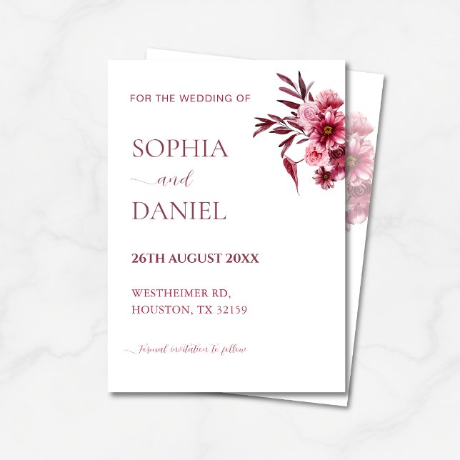 Convite Elegant Burgundy Rose Floral  Save the Date Card  (Criador carregado)
