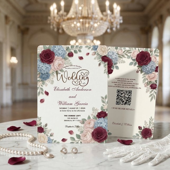 Convite Elegant Burgundy Rose Modern QR Code Wedding (Criador carregado)