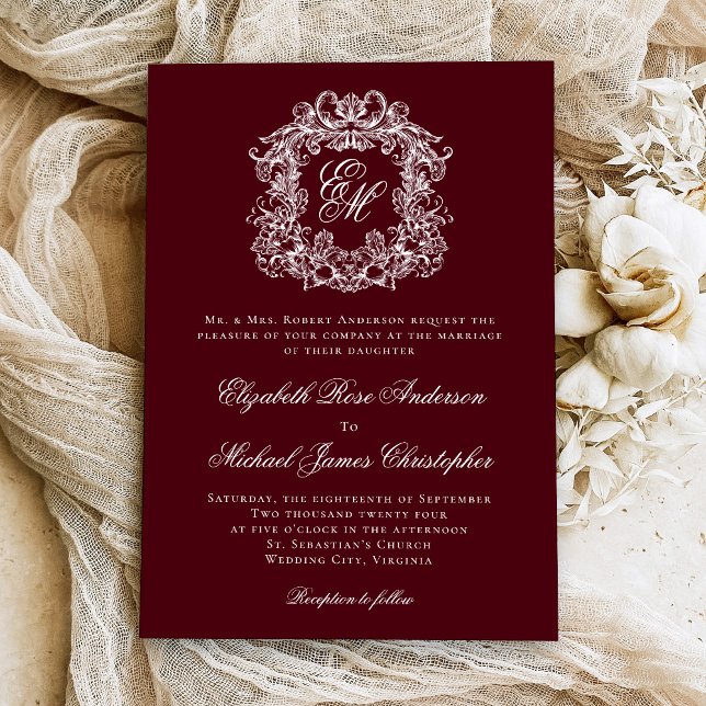 Convite Elegant Burgundy Vintage Crest Monogram Wedding (Criador carregado)