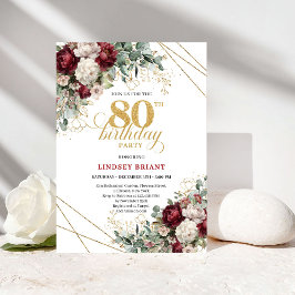 Convite Elegant Burgundy Watercolor Floral 80th Birthday