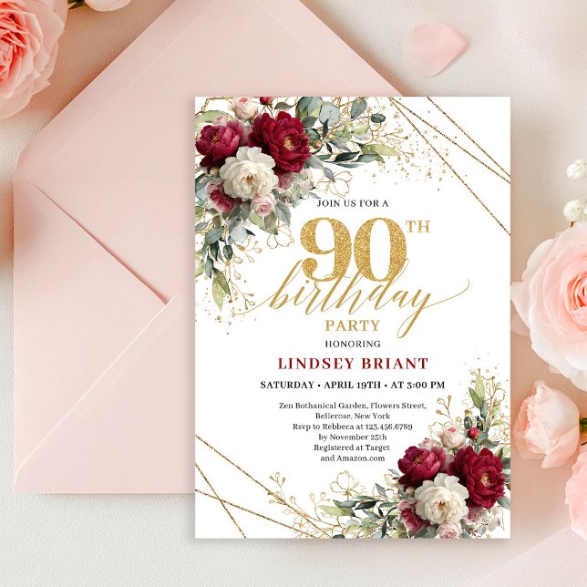 Convite Elegant Burgundy White Floral Gold 90th Birthday  (Elegant Burgundy White Floral Gold 90th Birthday Invite)