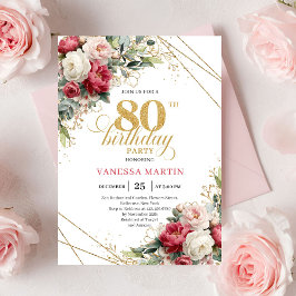 Convite Elegant Burgundy White Gold 80th Birthday Invite