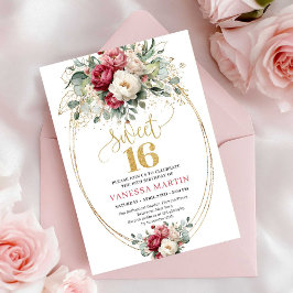 Convite Elegant Burgundy White Gold Floral Sweet Sixteen