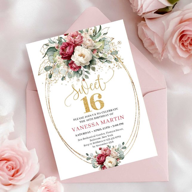 Convite Elegant Burgundy White Gold Floral Sweet Sixteen  (Elegant Burgundy White Gold Floral Sweet Sixteen Invite)