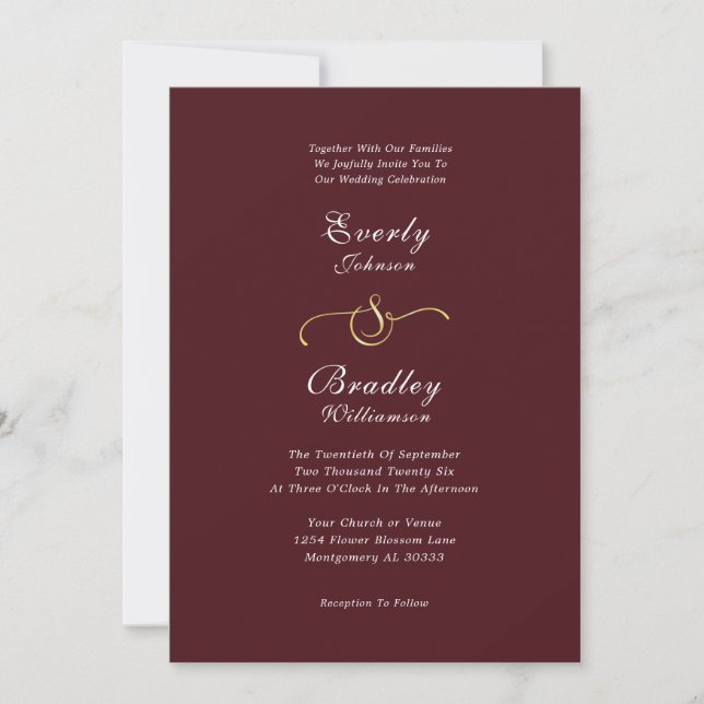Convite Elegant Burgundy White Gold QR Code Photo Wedding (Frente)