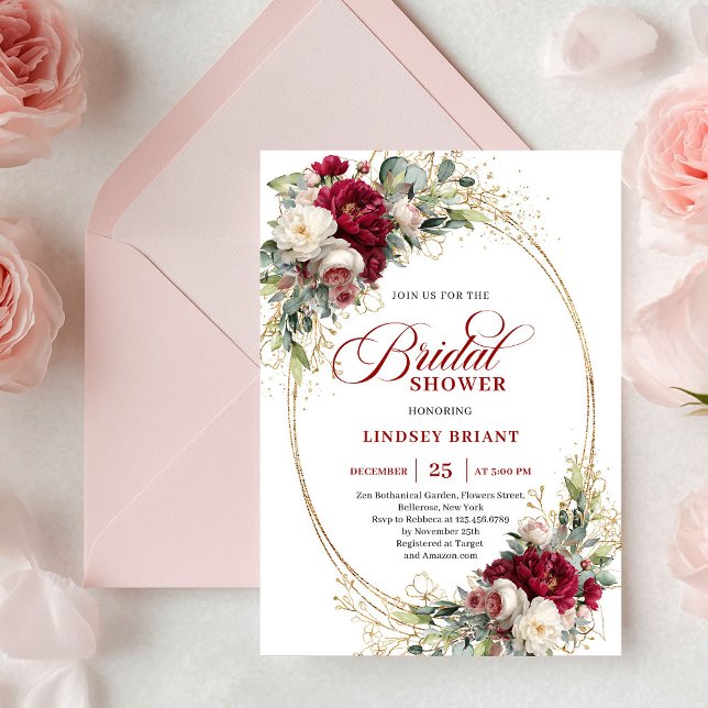 Convite Elegant Burgundy White Rose Gold Bridal Shower  (Elegant Burgundy White Rose Gold Bridal Shower Invitation)
