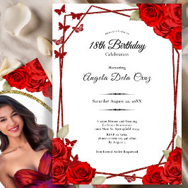 Convite Elegant Butterflies Red Roses 18th Birthday Debut