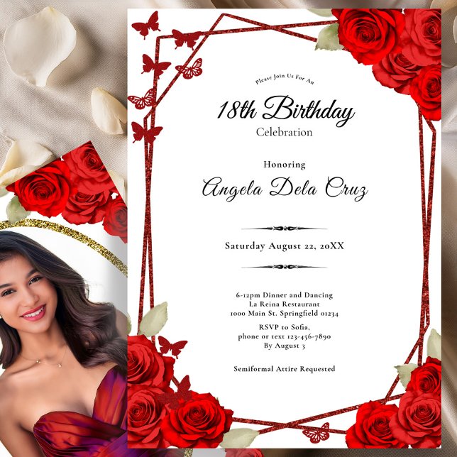 Convite Elegant Butterflies Red Roses 18th Birthday Debut (Criador carregado)