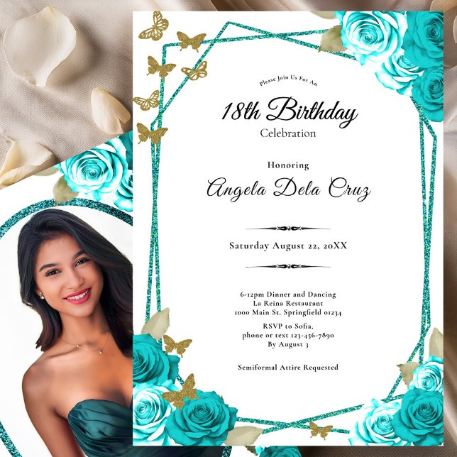 Convite Elegant Butterflies Teal Roses 18th Debut Birthday (Criador carregado)