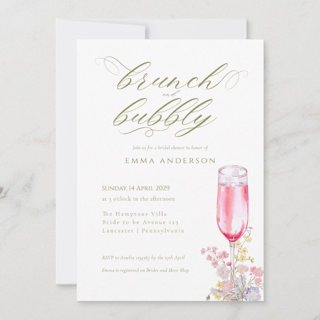 Convite Elegant Calligraphy Brunch & Bubbly Bridal Shower (Frente)