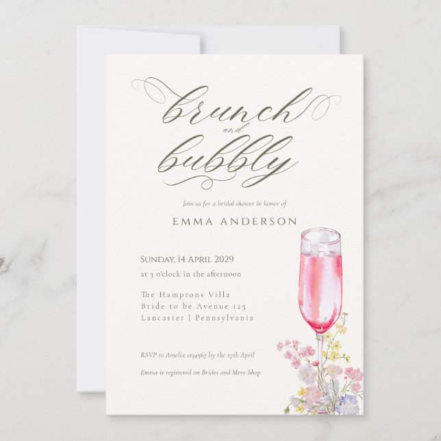 Convite Elegant Calligraphy Brunch & Bubbly Bridal Shower (Frente)