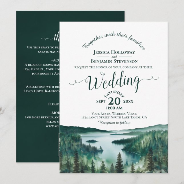 Convite Elegant Calligraphy Lake Tahoe QR Code Wedding (Frente/Verso)