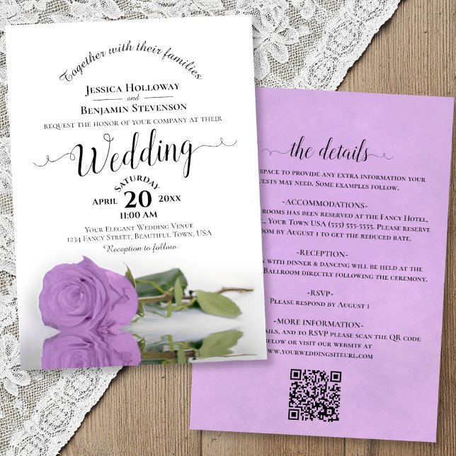 Convite Elegant Calligraphy Lilac Rose QR Code Wedding (Front/Back)