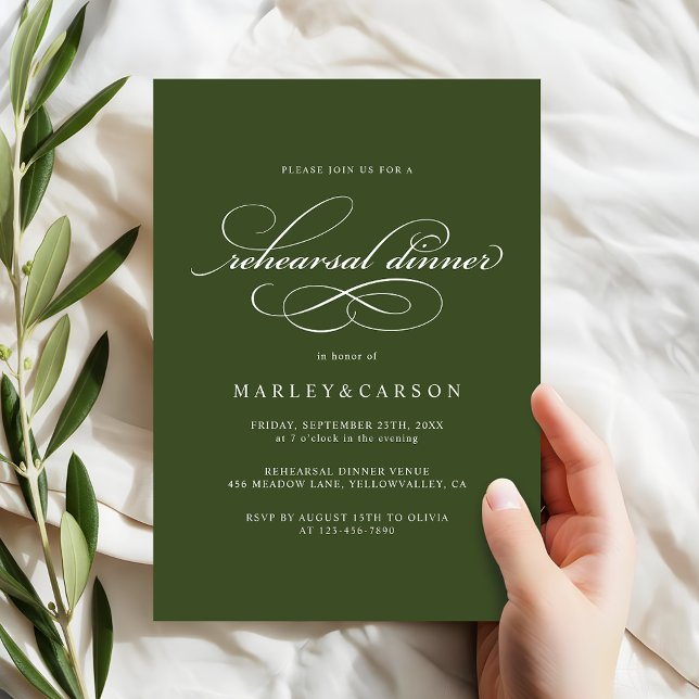 Convite Elegant Calligraphy Olive Green Rehearsal Dinner (Criador carregado)