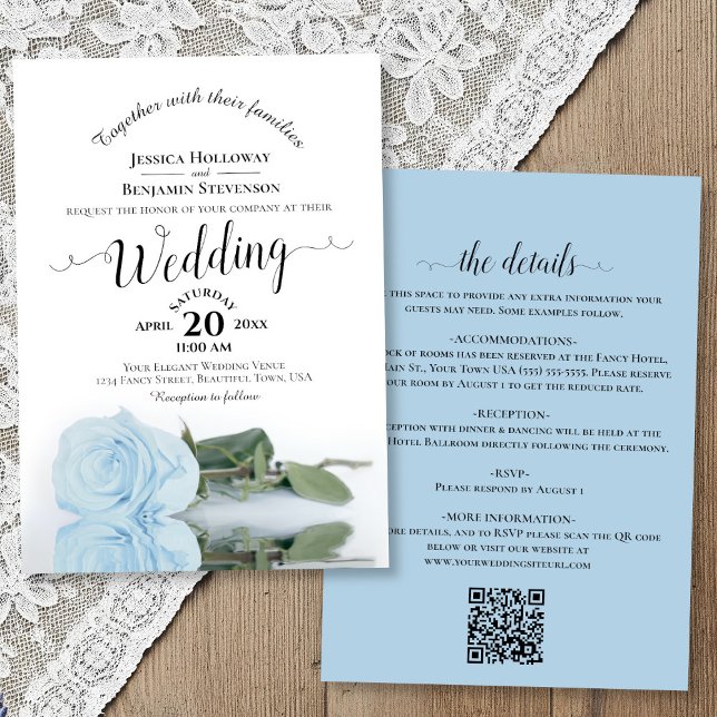Convite Elegant Calligraphy Pale Blue Rose QR Code Wedding (front/back)