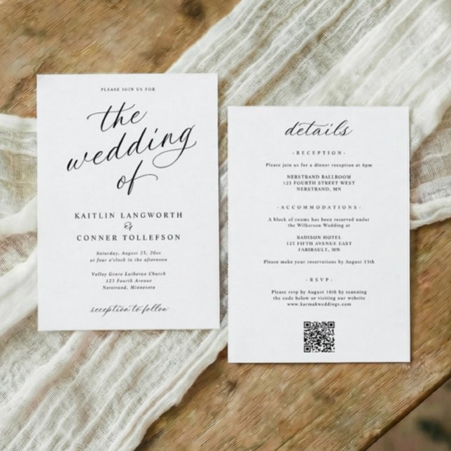 Convite Elegant Calligraphy Script All in One Wedding (Modern black and white wedding invitations with elegant calligraphy and classic script)