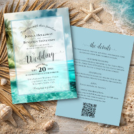 Convite Elegant Calligraphy Tropical Beach QR Code Wedding