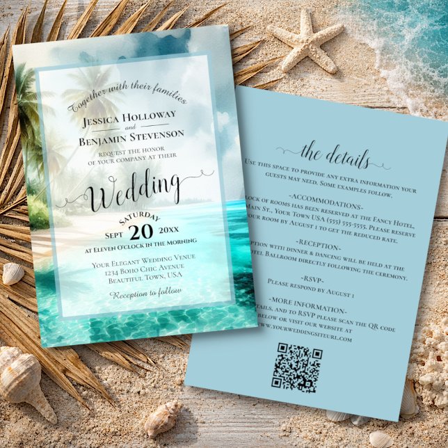 Convite Elegant Calligraphy Tropical Beach QR Code Wedding (Front/Back)