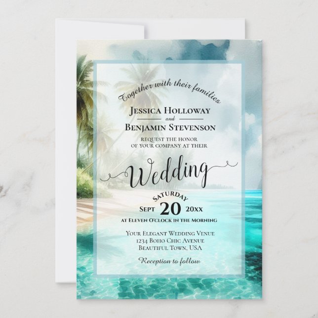 Convite Elegant Calligraphy Tropical Beach QR Code Wedding (Frente)
