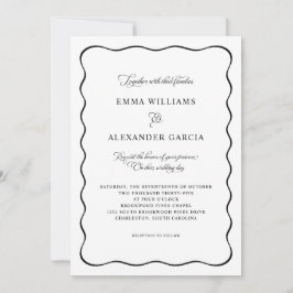 Convite Elegant Calligraphy Wedding Black Wavy Border