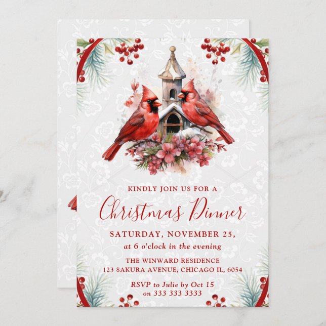 Convite Elegant Cardinal Christmas Dinner Invitation (Frente/Verso)