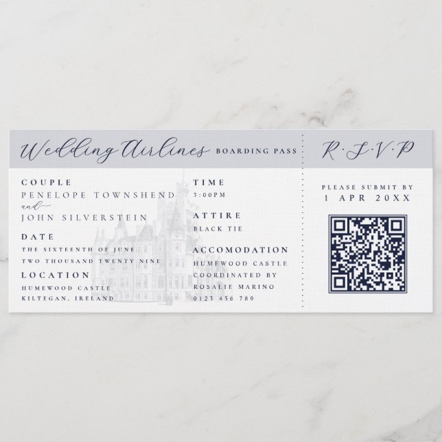 Convite Elegant Castle Plane Ticket Destination Wedding  (Frente)
