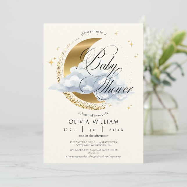 Convite Elegant Celestial Beige Script Baby Shower  (Em pé/Frente)