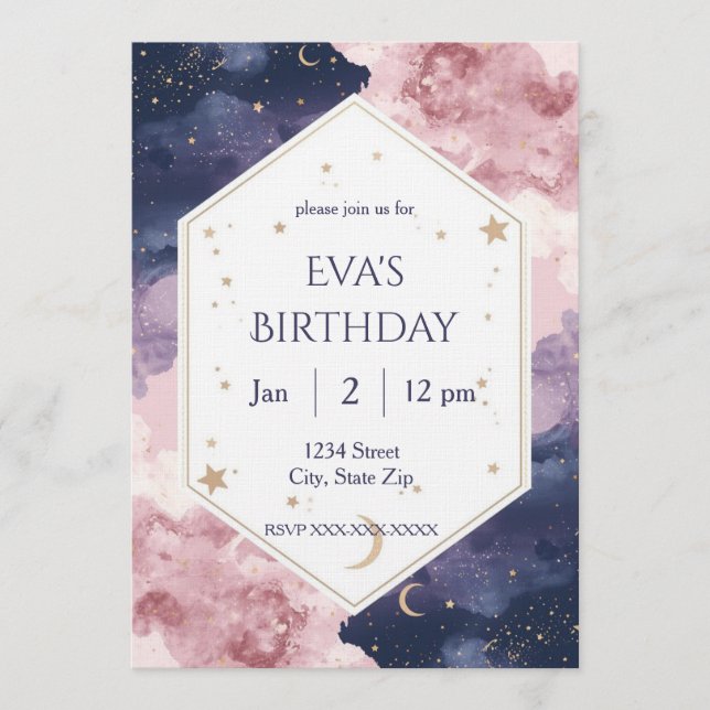 Convite Elegant Celestial Birthday Invitation – Watercolor (Frente)