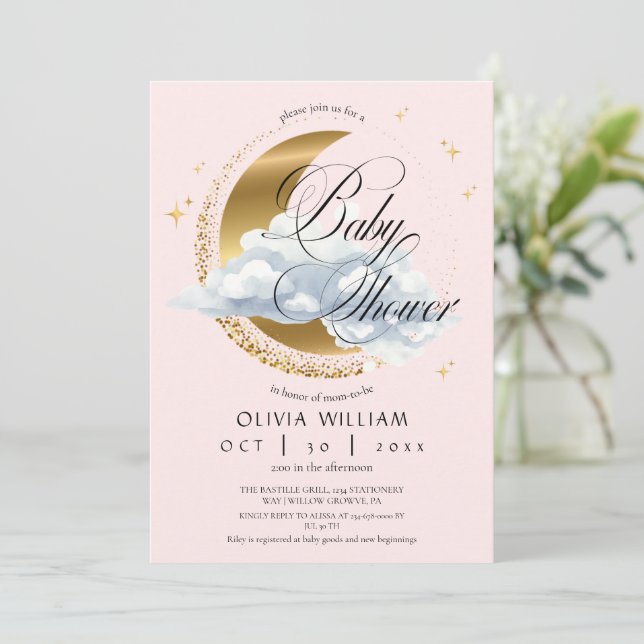 Convite Elegant Celestial Pink Script Baby Shower  (Em pé/Frente)