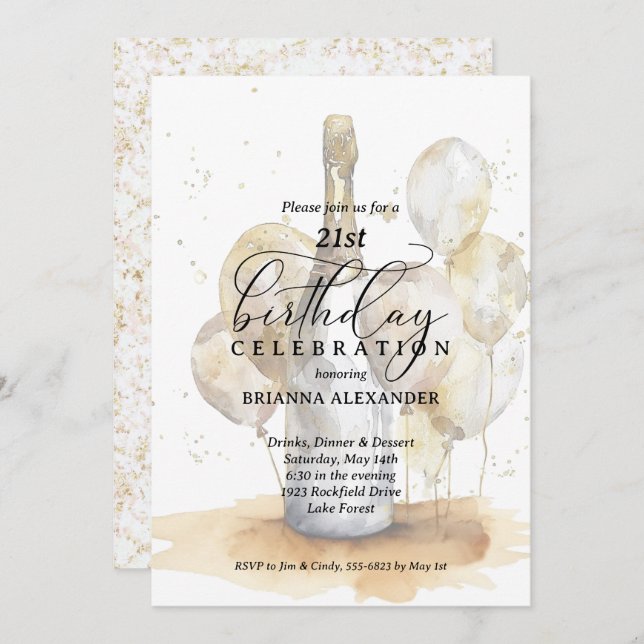 Convite Elegant Champagne and Balloons 21st Birthday (Frente/Verso)