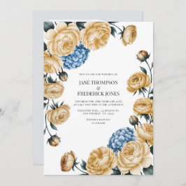 Convite Elegant Champagne and Dusty Blue Floral Wedding