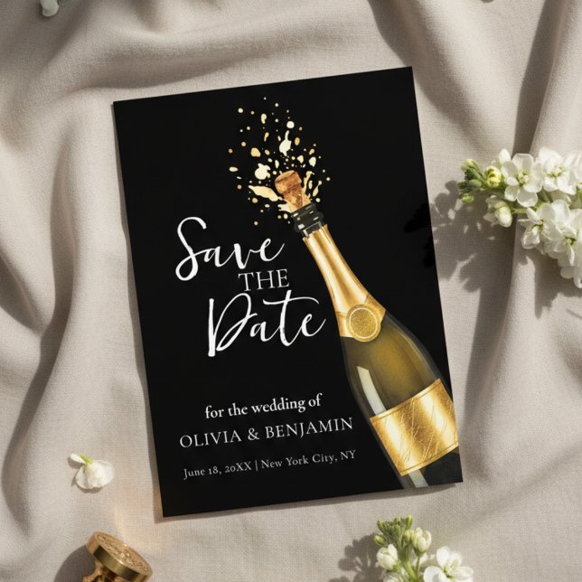 Convite Elegant Champagne Save the Date Wedding (An elegant black and gold Save the Date design featuring a popping champagne bottle)