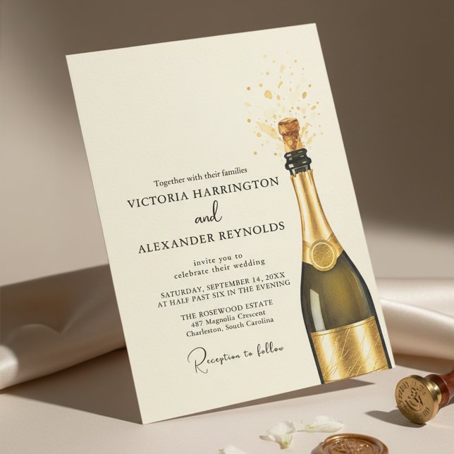 Convite Elegant Champagne Wedding (An elegant wedding invite design featuring a soft cream background with champagne gold)