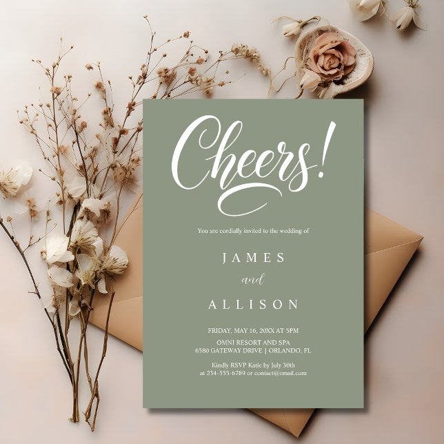 Convite Elegant Cheers Script Sage Green Wedding  (Criador carregado)