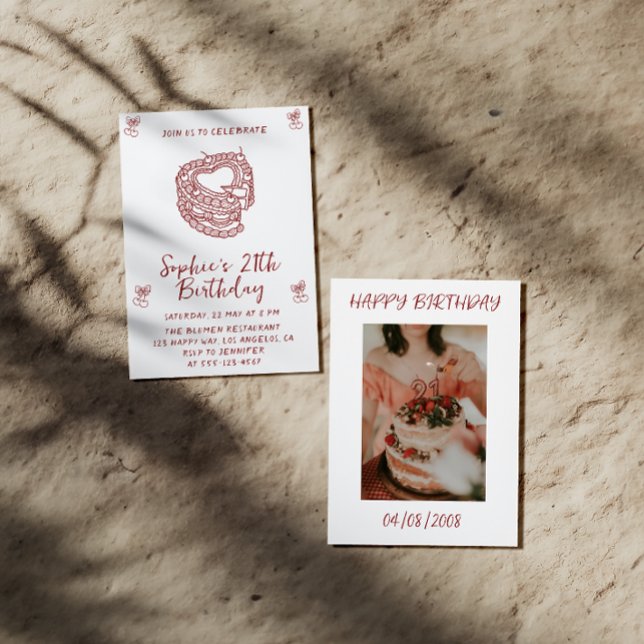 Convite Elegant Cherry Birthday Invitation with Heart Cake (Criador carregado)