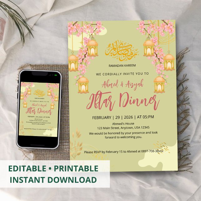 Convite Elegant Cherry Blossom & Lanterns Iftar Dinner (Criador carregado)