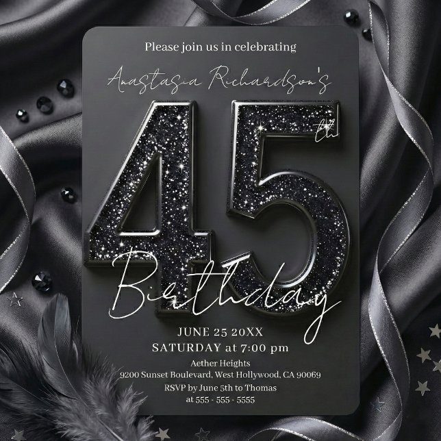 Convite Elegant Chic Black Glitter 45th Birthday Party (Criador carregado)