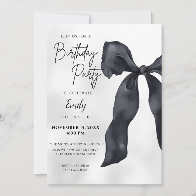 Convite Elegant Chic Modern Black Bow Birthday Invitation (Frente)