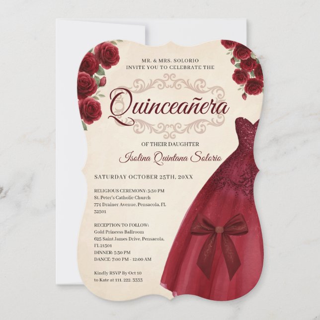 Convite Elegant Chic Quinceanera 15th Birthday Burgundy  (Frente)
