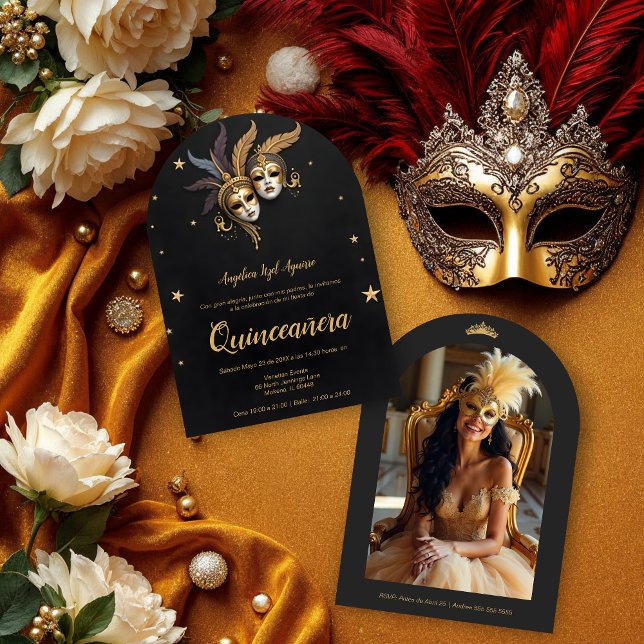 Convite Elegant Chic Venetian Mask Quinceañera Party (Two ornate Venetian masks with gold and feather accents set against a dark background.)